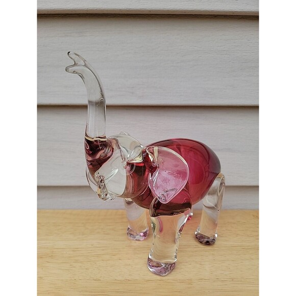 Rossi Glass Handmade Elephant Cranberry Art Glass Trunk Up 8" Tall - Picture 3 of 10